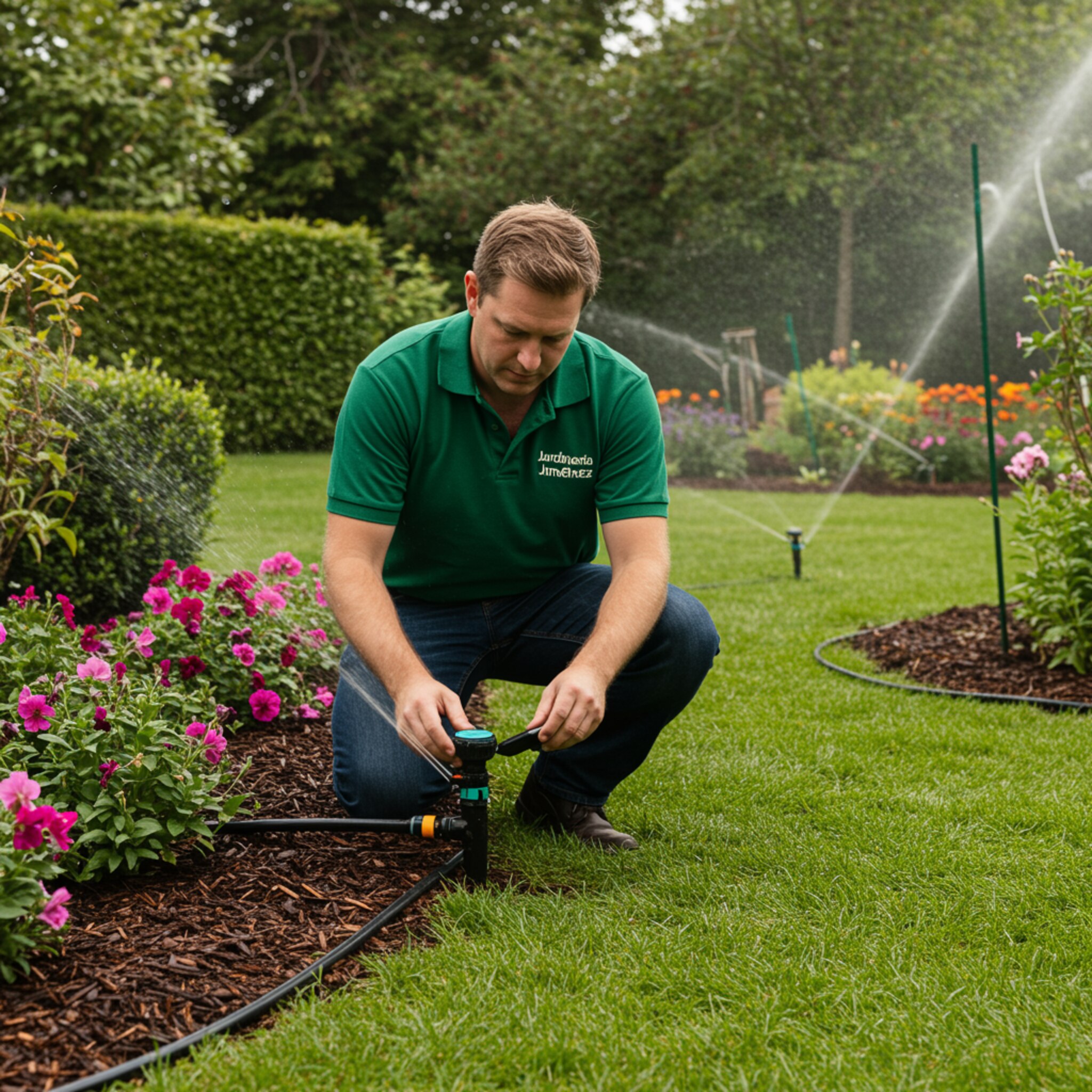 "Jardín residencial espacioso con sistema de riego automático, donde un jardinero ajusta un controlador inteligente, rodeado de césped verde y flores vibrantes, destacando la eficiencia y sostenibilidad en el paisajismo."