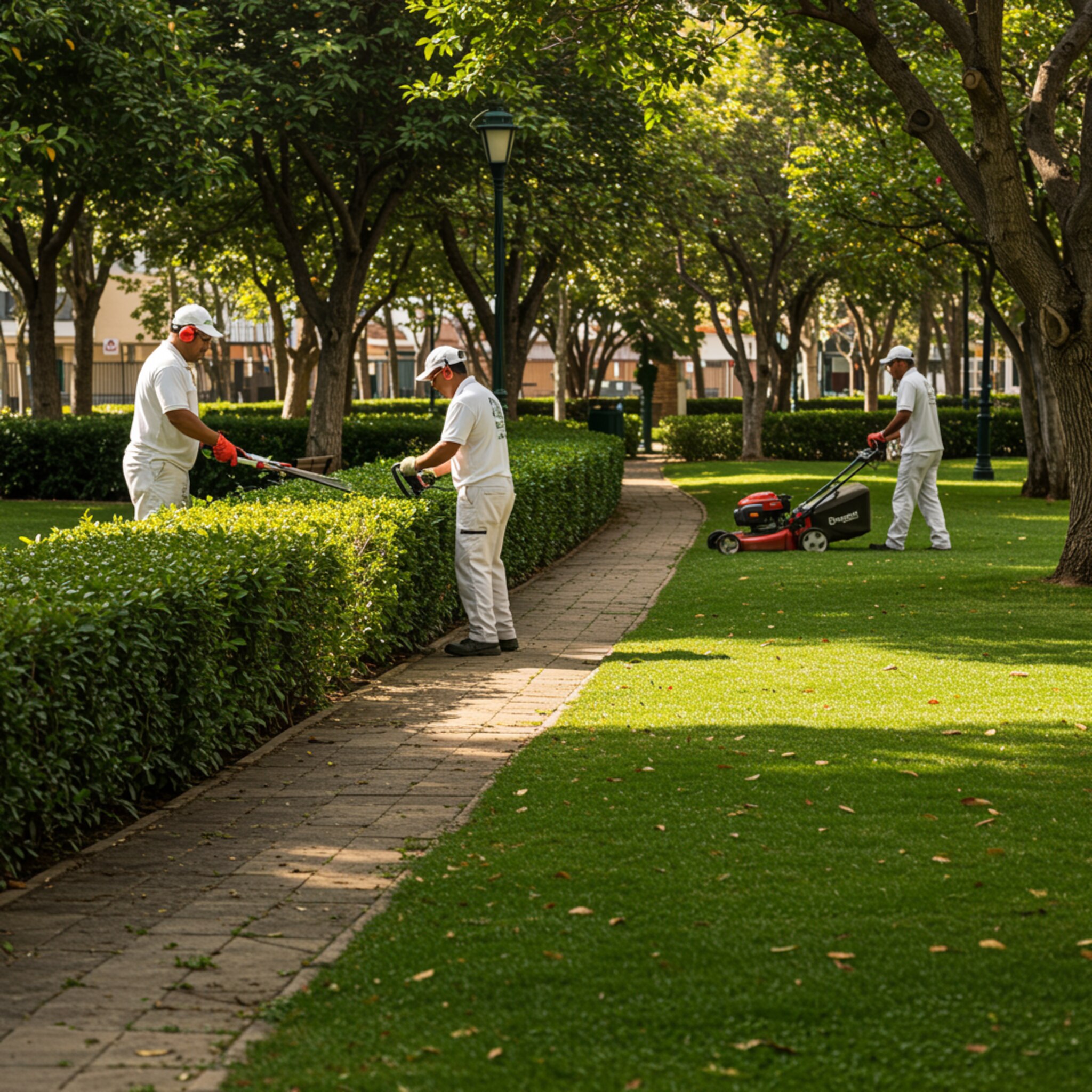 "Escena hiperrealista de un parque comunitario bien cuidado con jardineros de Jardinería Jiménez podando setos y cortando césped, destacando el mantenimiento profesional de jardines."