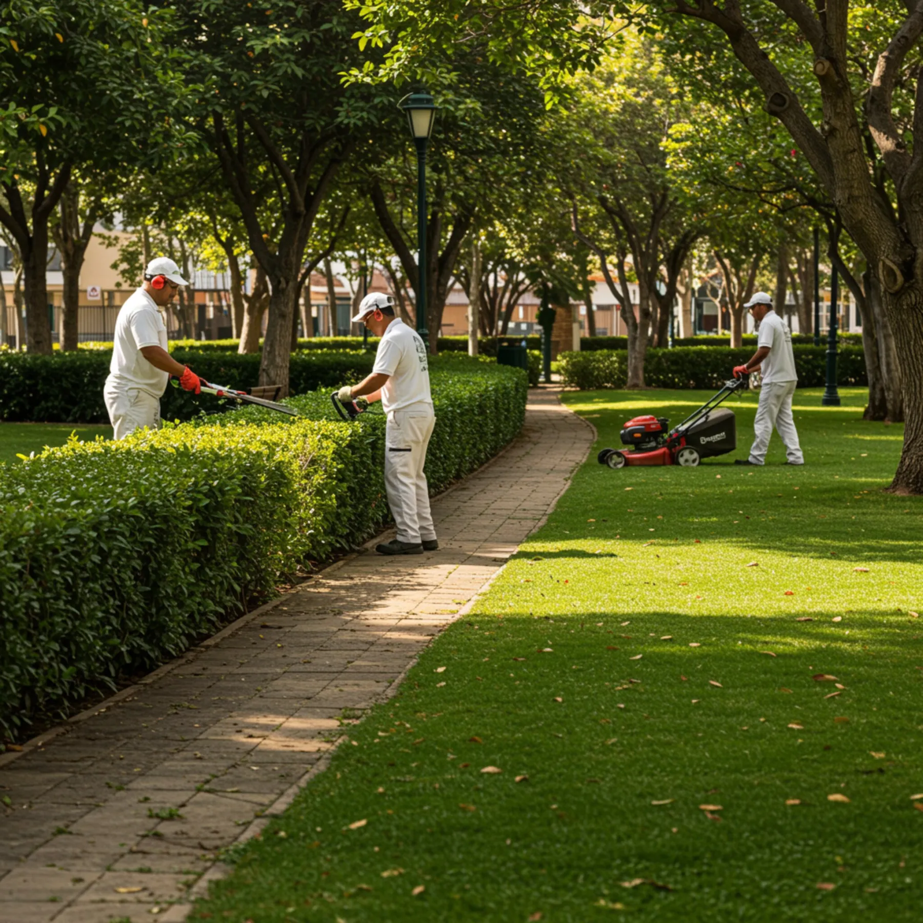 "Escena hiperrealista de un parque comunitario bien cuidado con jardineros de Jardinería Jiménez podando setos y cortando césped, destacando el mantenimiento profesional de jardines."