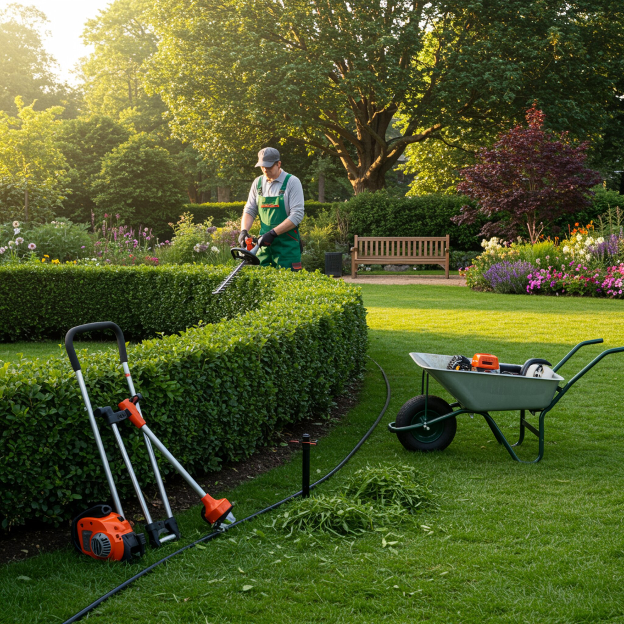 "Ilustración digital fotorrealista de un jardinero profesional trabajando en un jardín comunitario, con herramientas de jardinería de alta calidad y un ambiente bien cuidado en luz matutina."