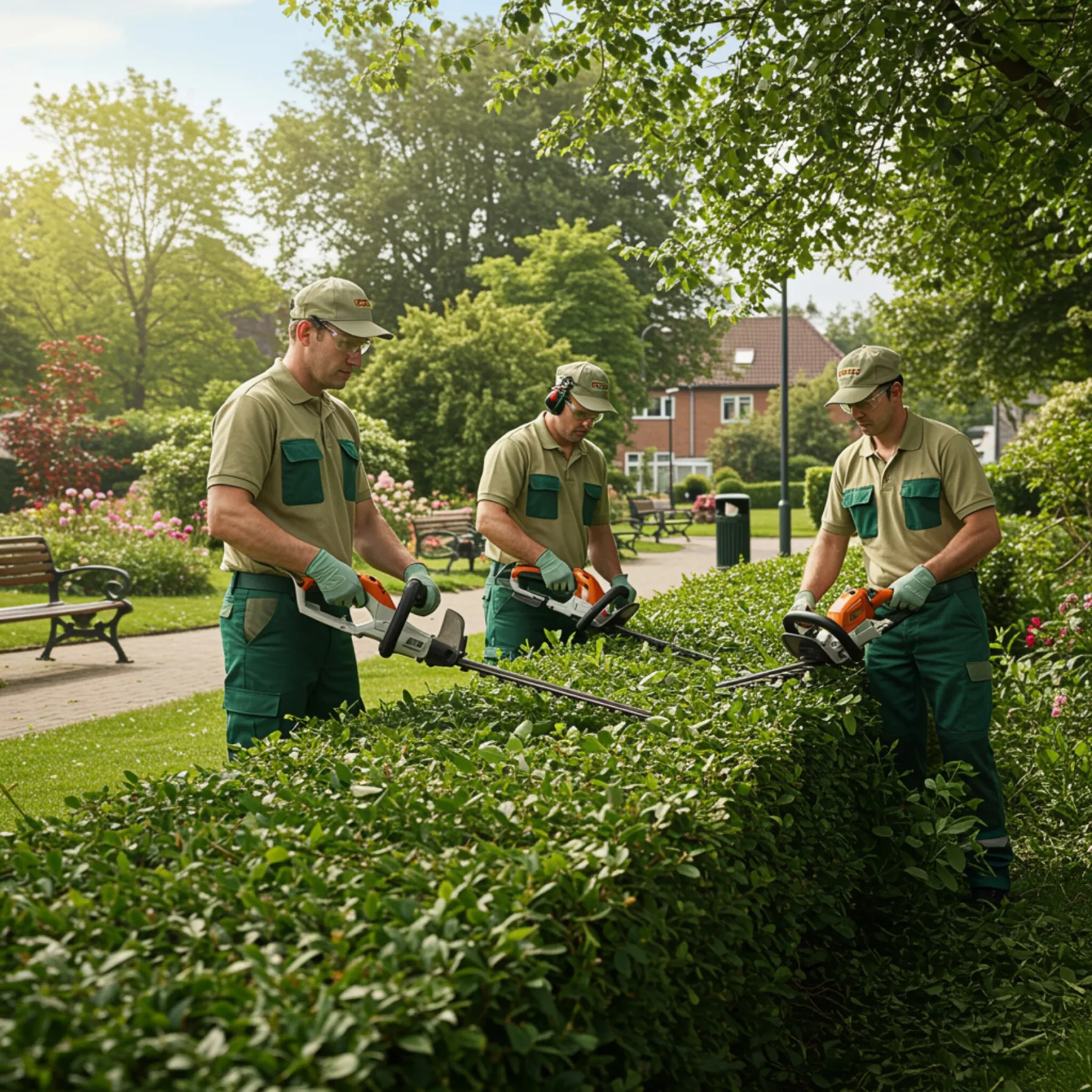 "Equipo de jardineros profesionales en uniforme, utilizando cortadoras eléctricas para dar forma a un seto en un parque comunitario bien cuidado, destacando la jardinería experta y el mantenimiento de áreas verdes."
